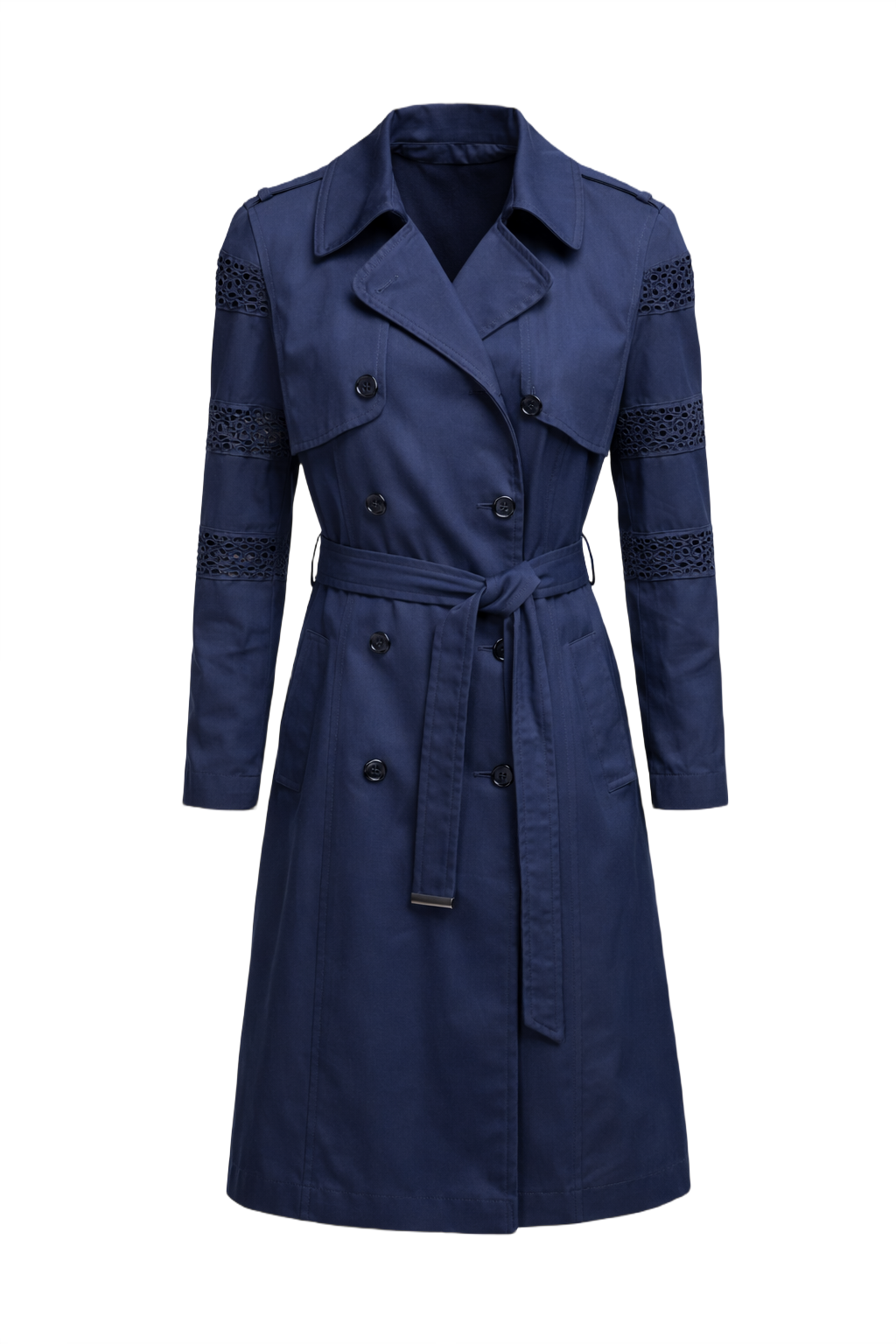 1990s Navy Blue Cotton Blend Trench Coat - Front View