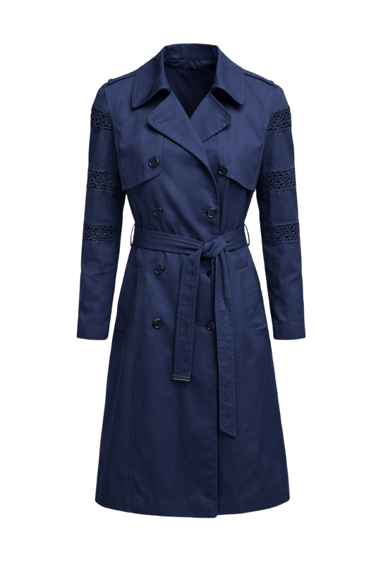 1990s Navy Blue Cotton Blend Trench Coat - Front View