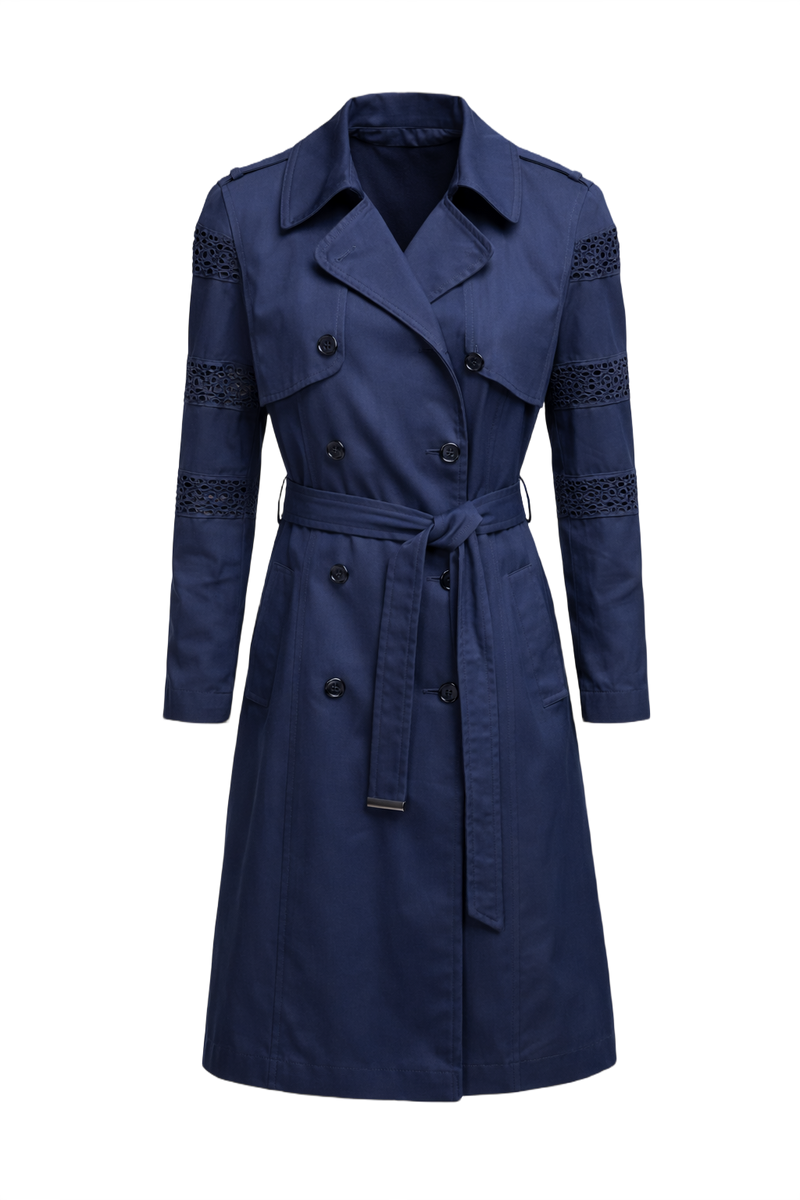 1990s Navy Blue Cotton Blend Trench Coat - Front View
