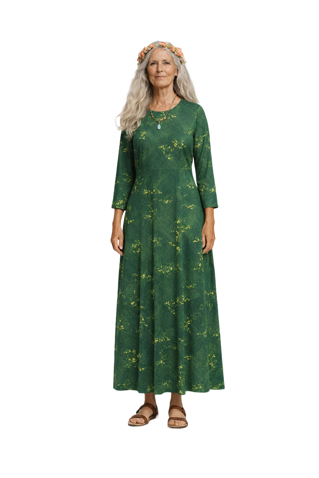 1970s Forest Green Polyester Maxi Dress - Model