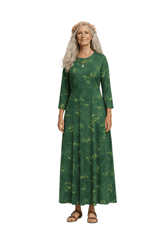 1970s Forest Green Polyester Maxi Dress - Model