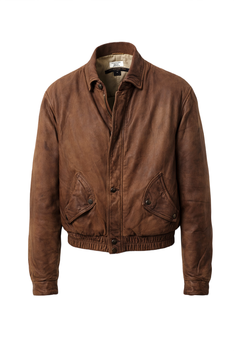 1990s Brown Leather Bomber Jacket - Front View