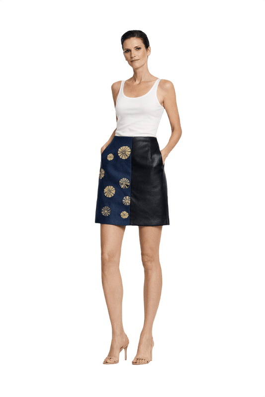 1990s Navy Blue Leather Denim Skirt - Model