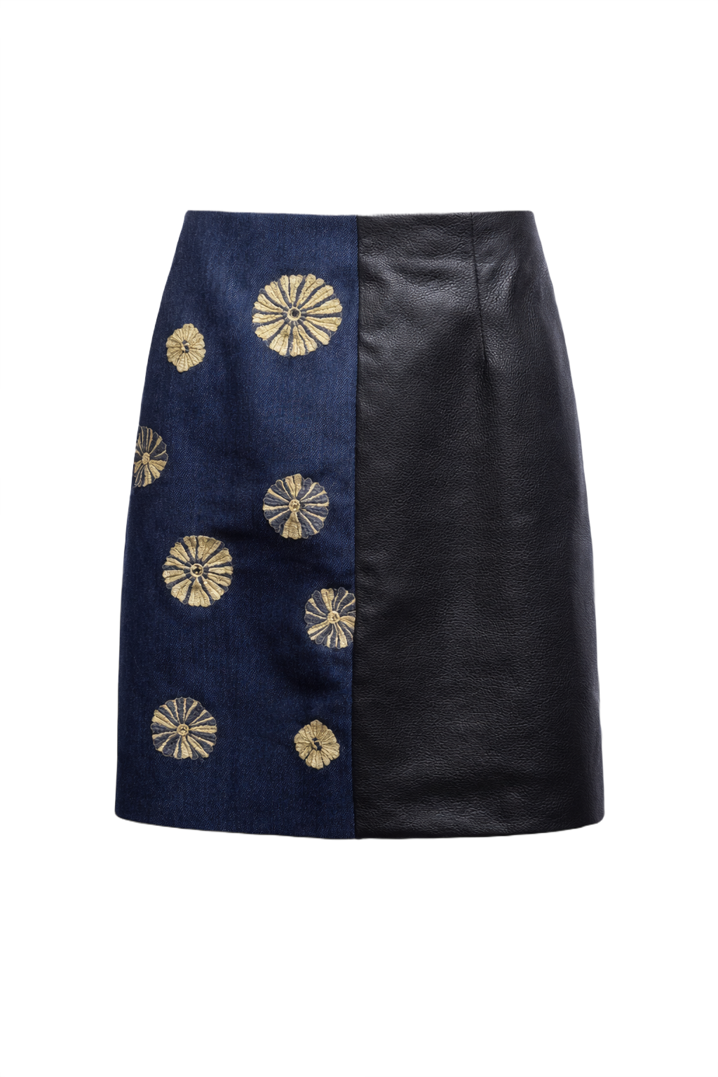 1990s Navy Blue Leather Denim Skirt - Front View