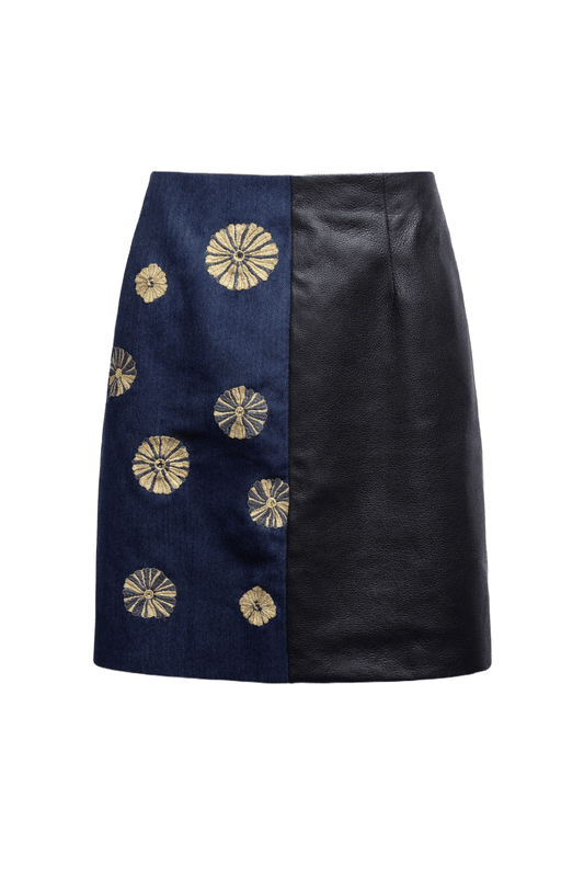 1990s Navy Blue Leather Denim Skirt - Front View