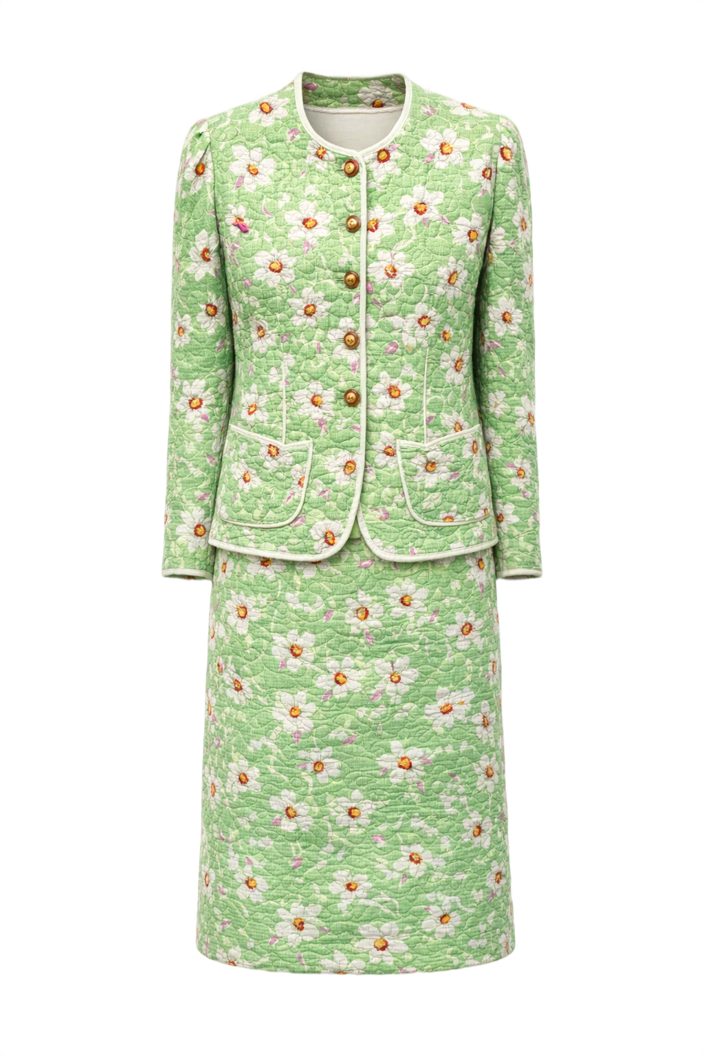 1980s Pastel Green Cotton Blend Blazer + Skirt Set - Front View