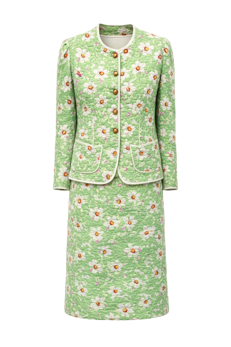 1980s Pastel Green Cotton Blend Blazer + Skirt Set - Front View
