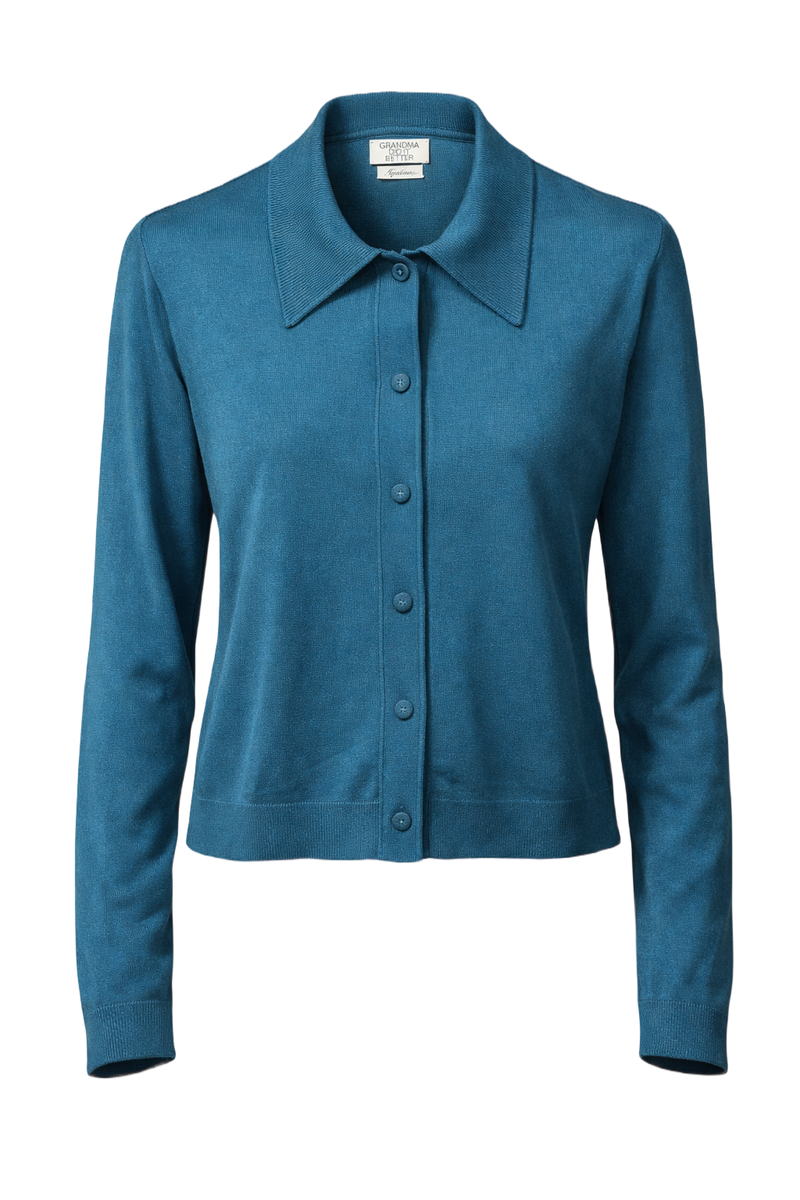1970s Teal Blue Cotton Cardigan - Front View