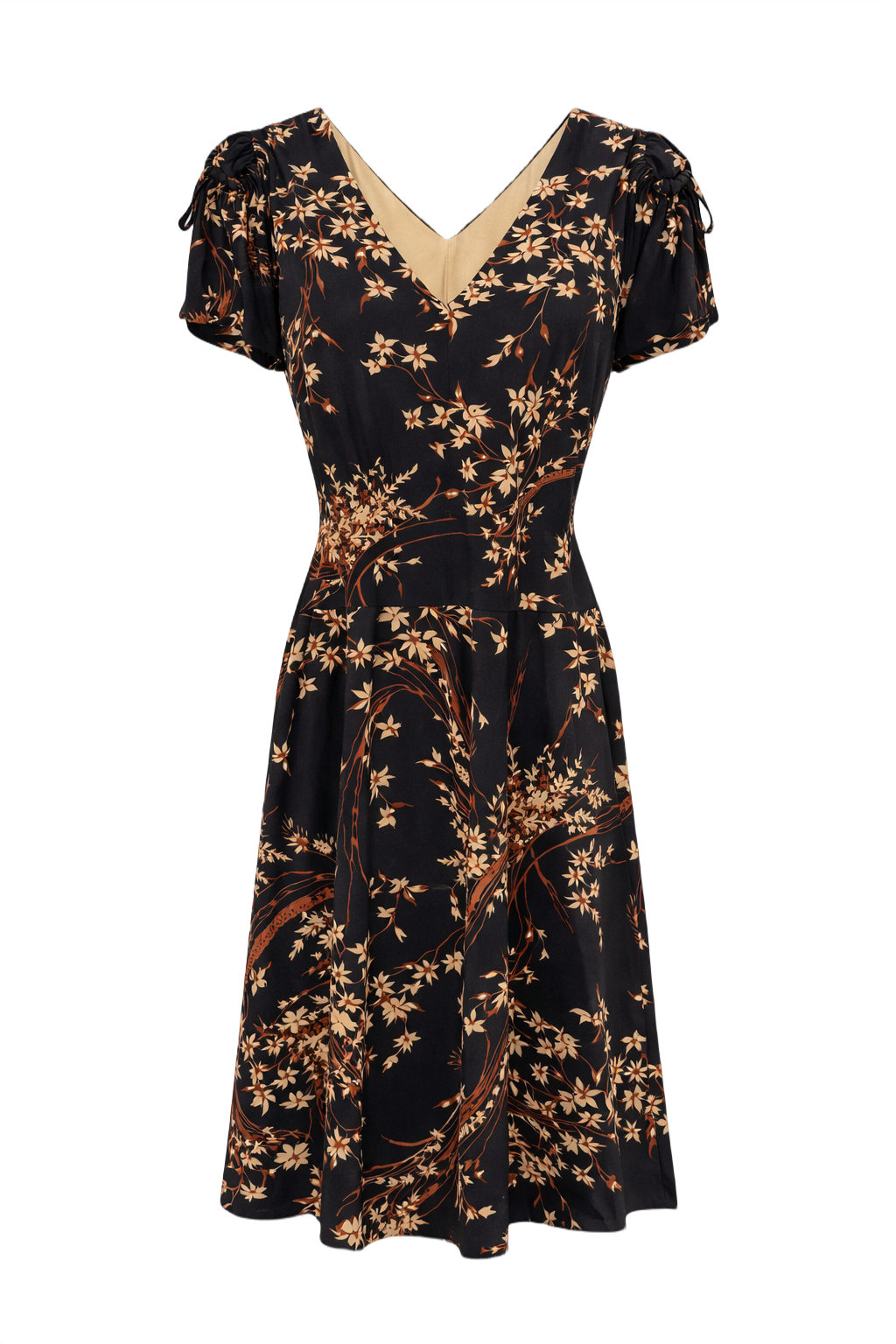 1950s Black Beige Floral Dress - Front View