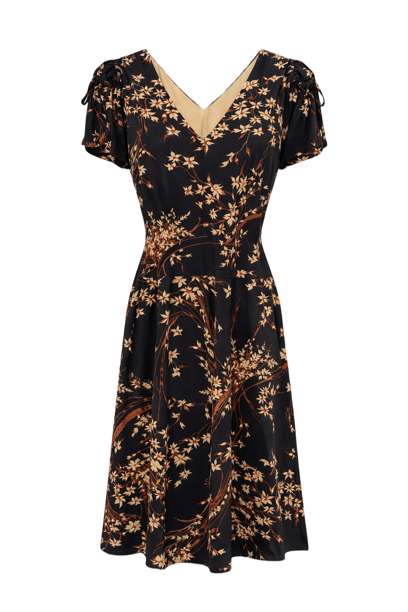1950s Black Beige Floral Dress - Front View