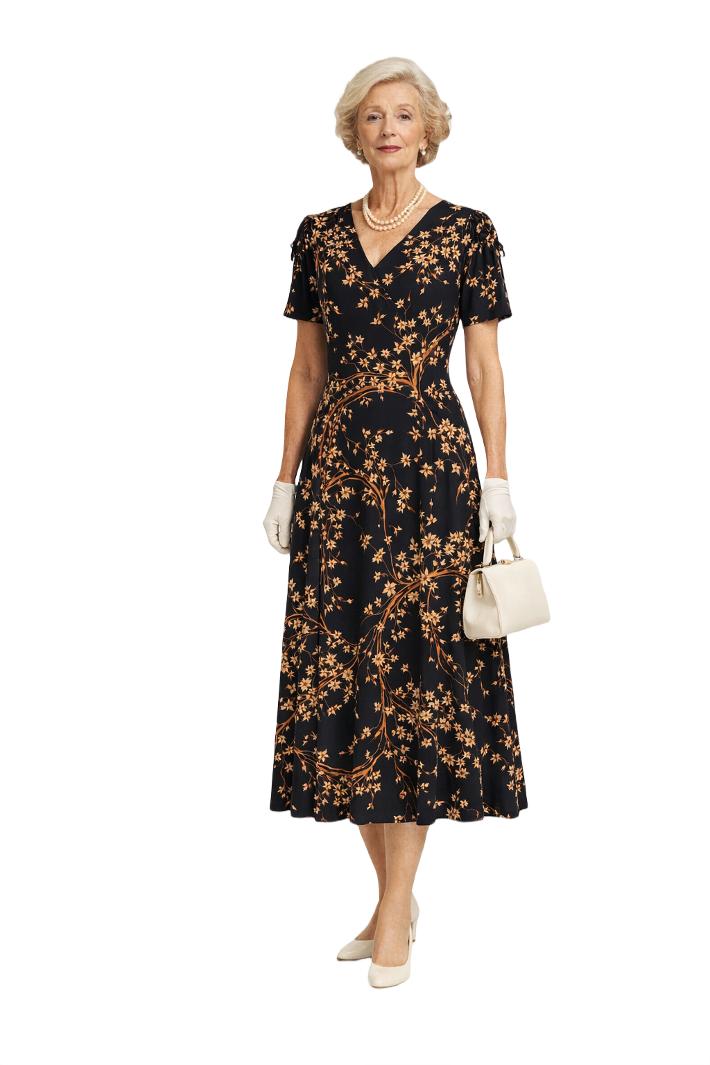 1950s Black Beige Floral Dress - Model