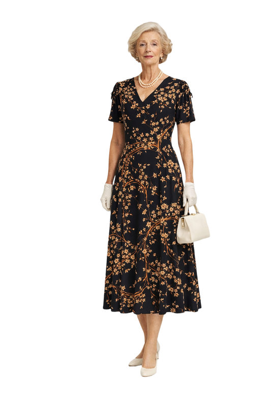 1950s Black Beige Floral Dress - Model