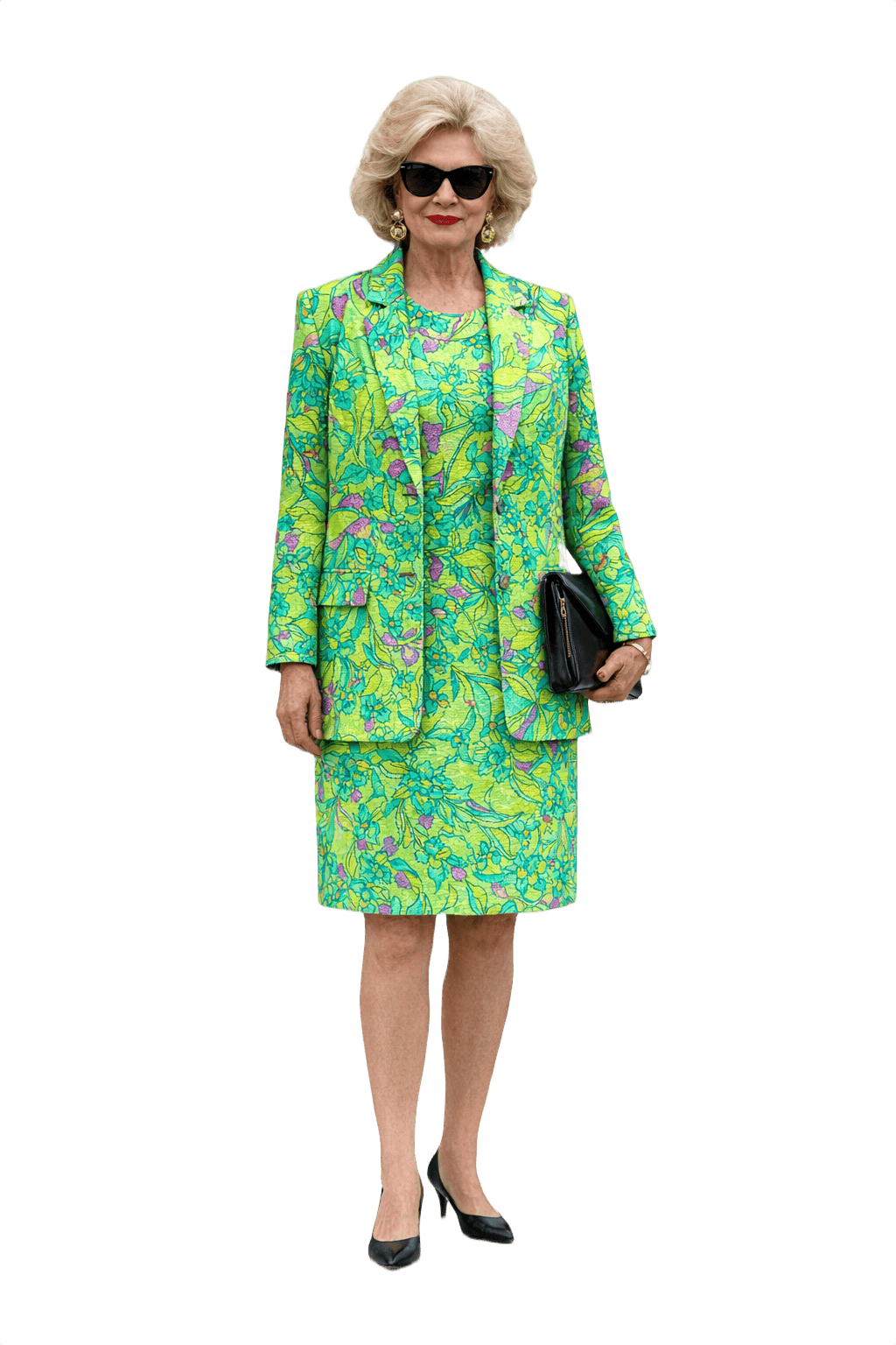 1980s Green with Multicolor Floral Polyester Blazer and Top Set - Model