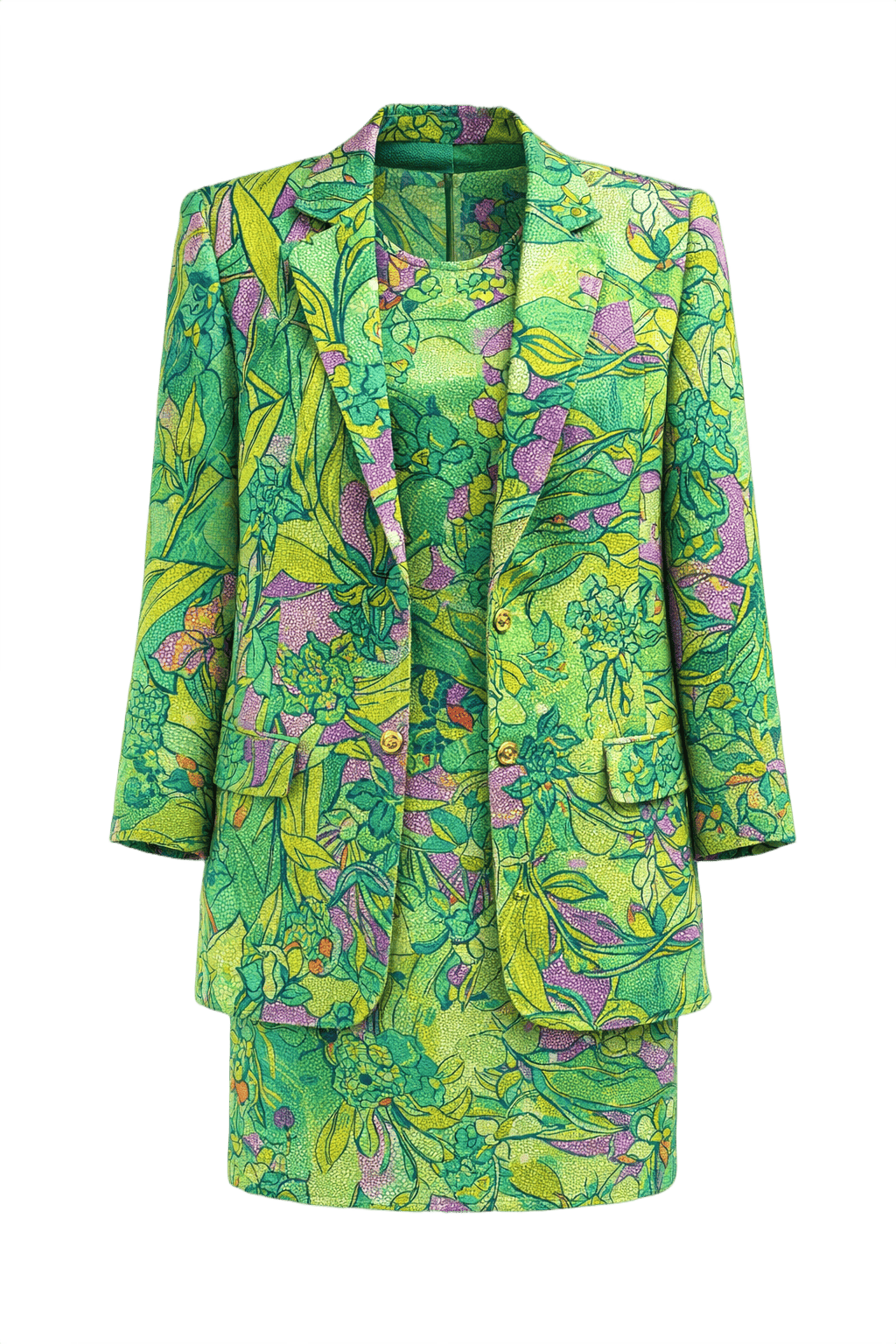 1980s Green with Multicolor Floral Polyester Blazer and Top Set - Front View