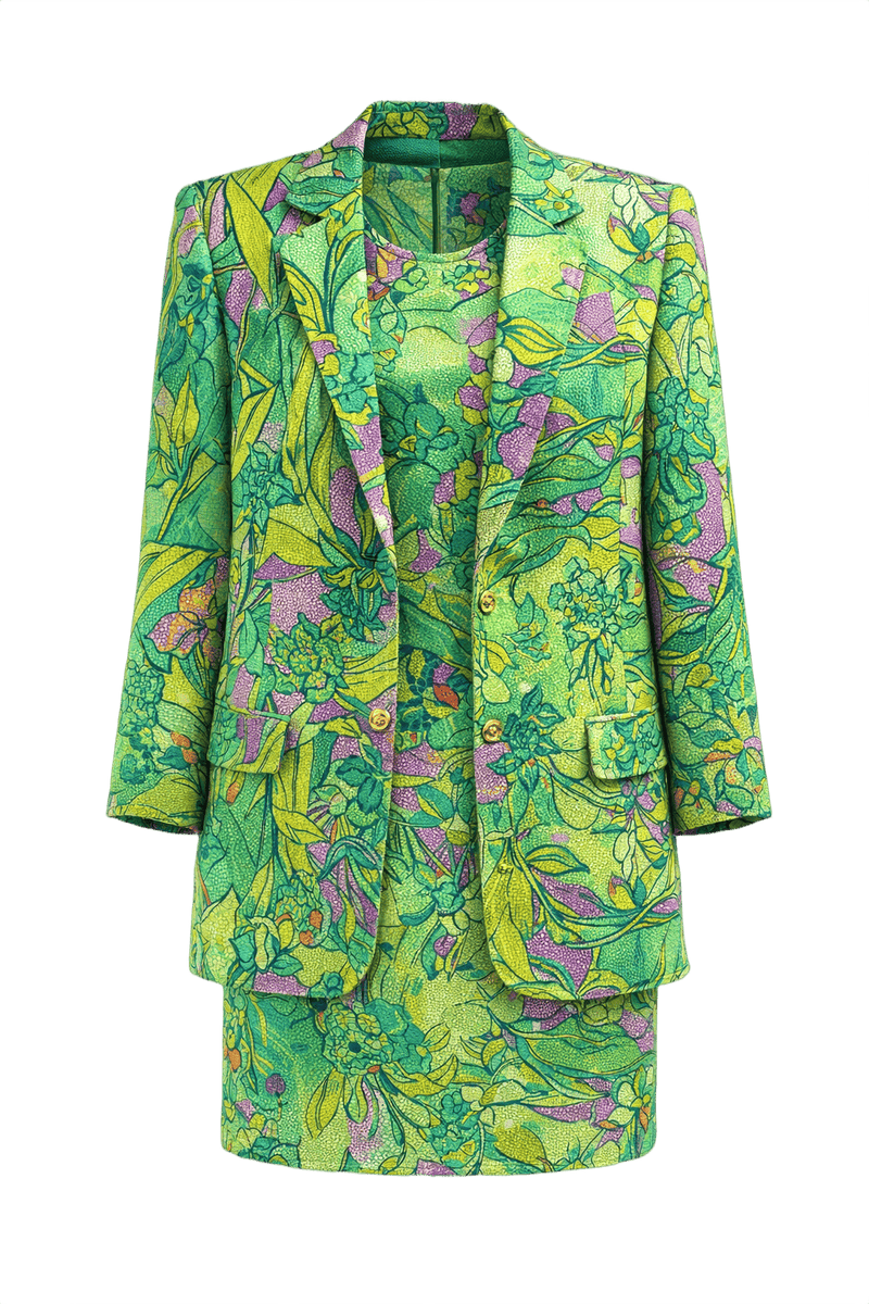 1980s Green with Multicolor Floral Polyester Blazer and Top Set - Front View