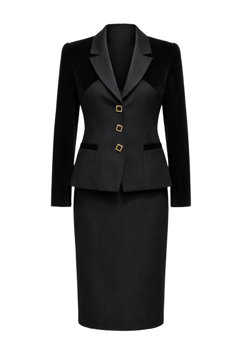 1990s Black Wool Blend Skirt Suit - Front View