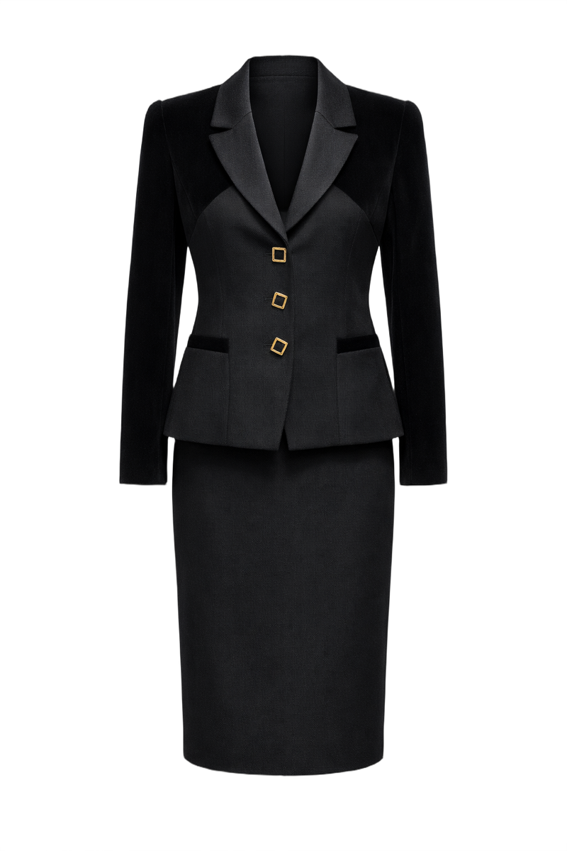 1990s Black Wool Blend Skirt Suit - Front View