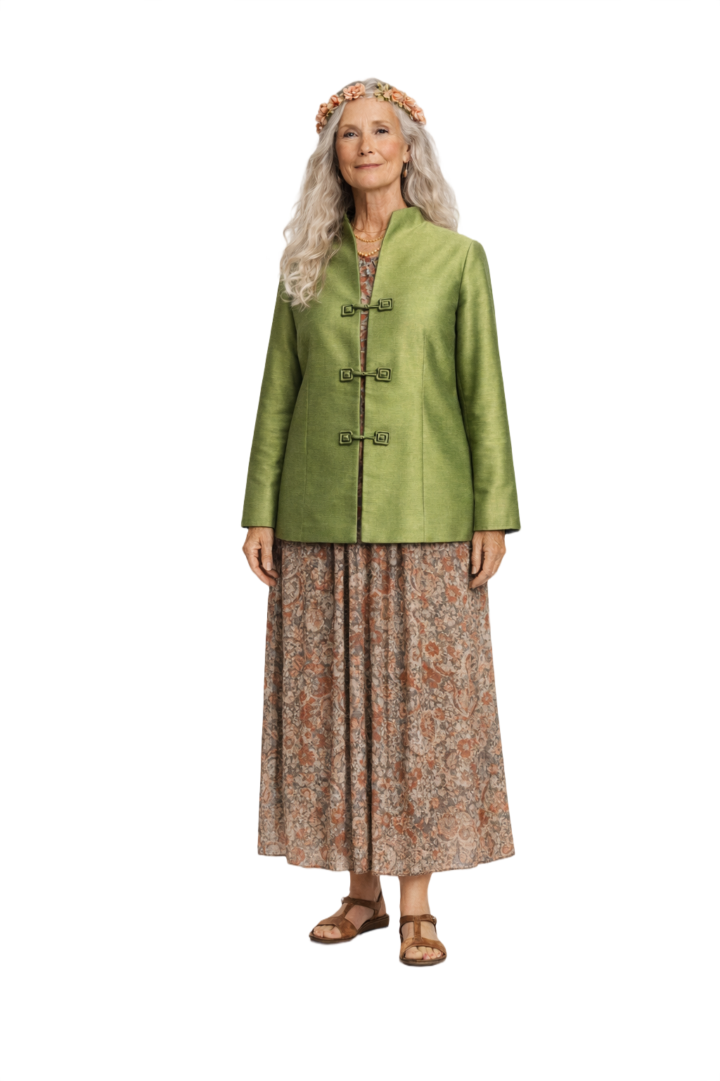 1970s Light Olive Green Silk Jacket - Model