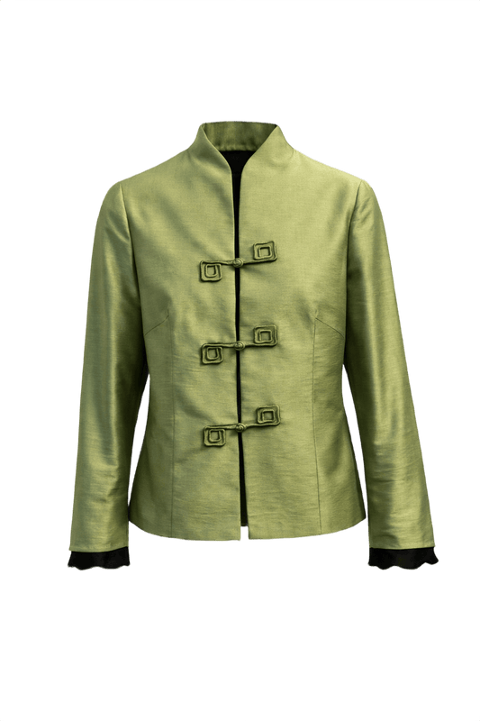 1970s Light Olive Green Silk Jacket - Front View
