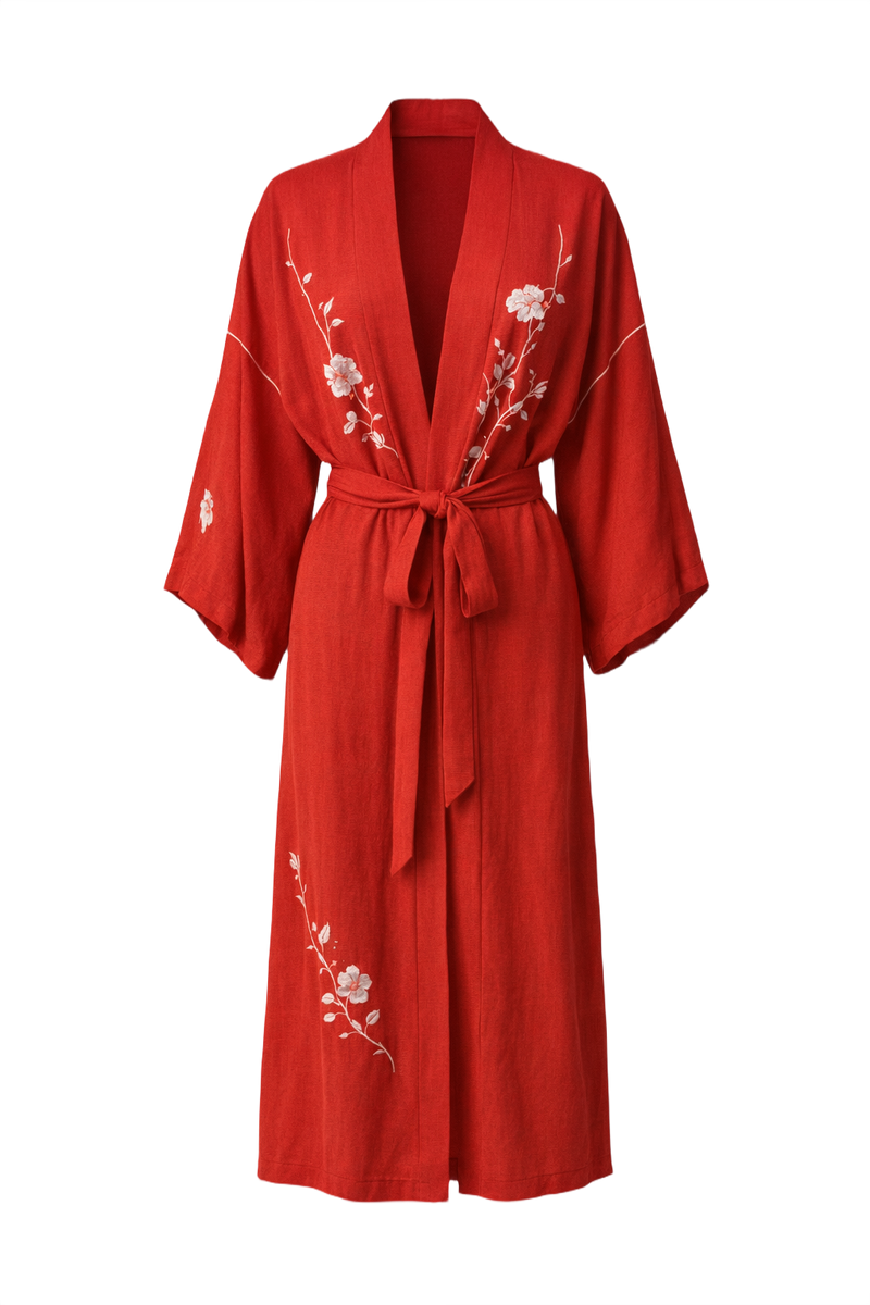 1940s Red Silk Blend Kimono - Front View