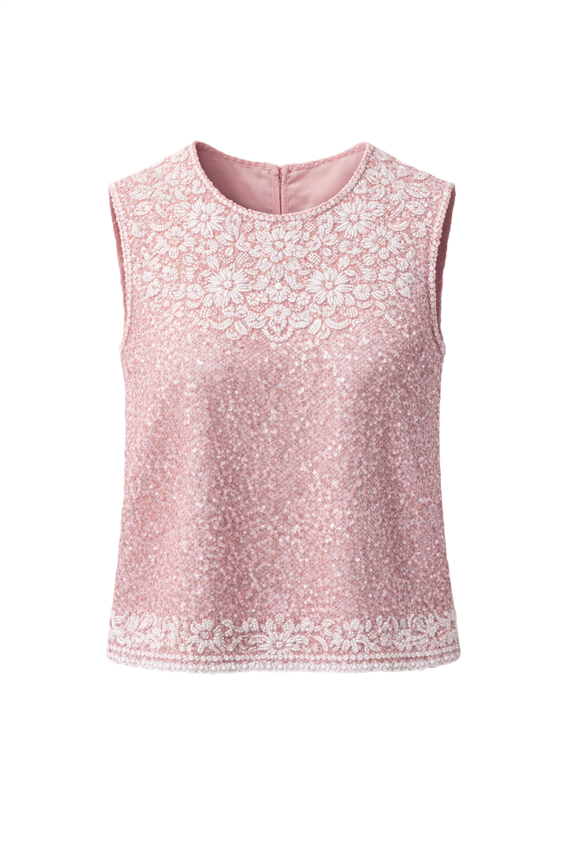 1950s Pink Sequined Womens Tank Top - Front View