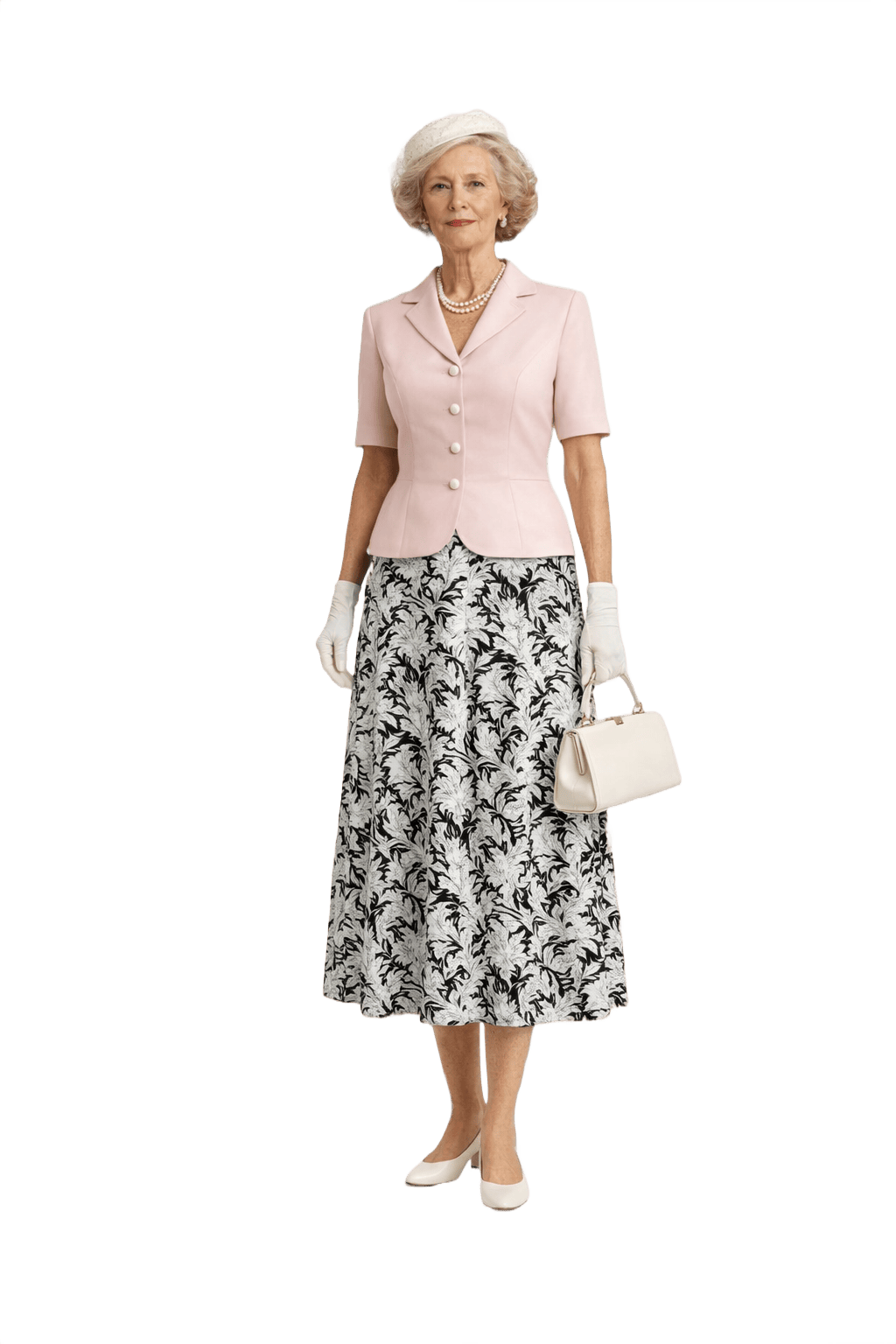 1950s Black Floral Print Textured Skirt - Model