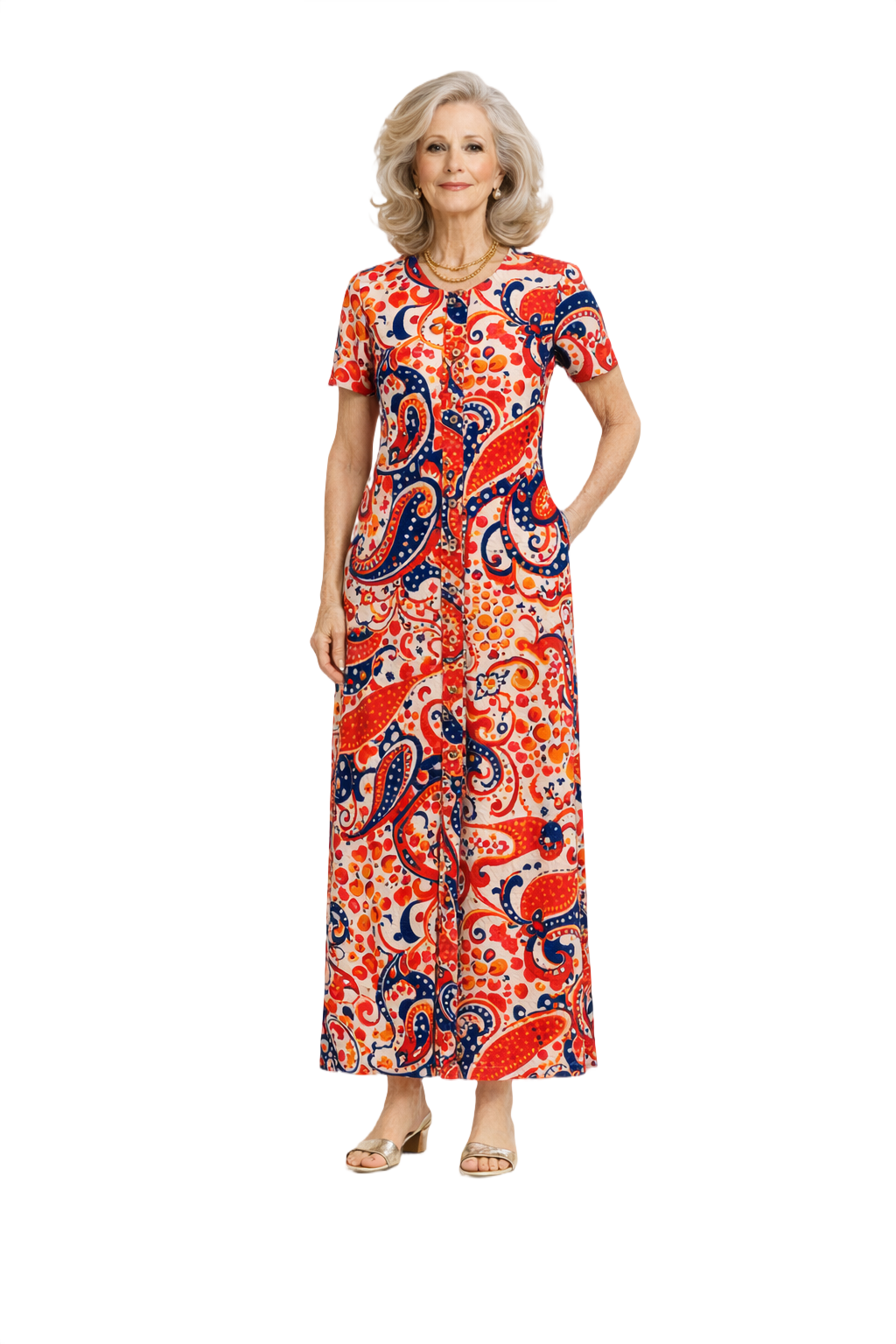 1970s Red Cotton Maxi Dress - Model