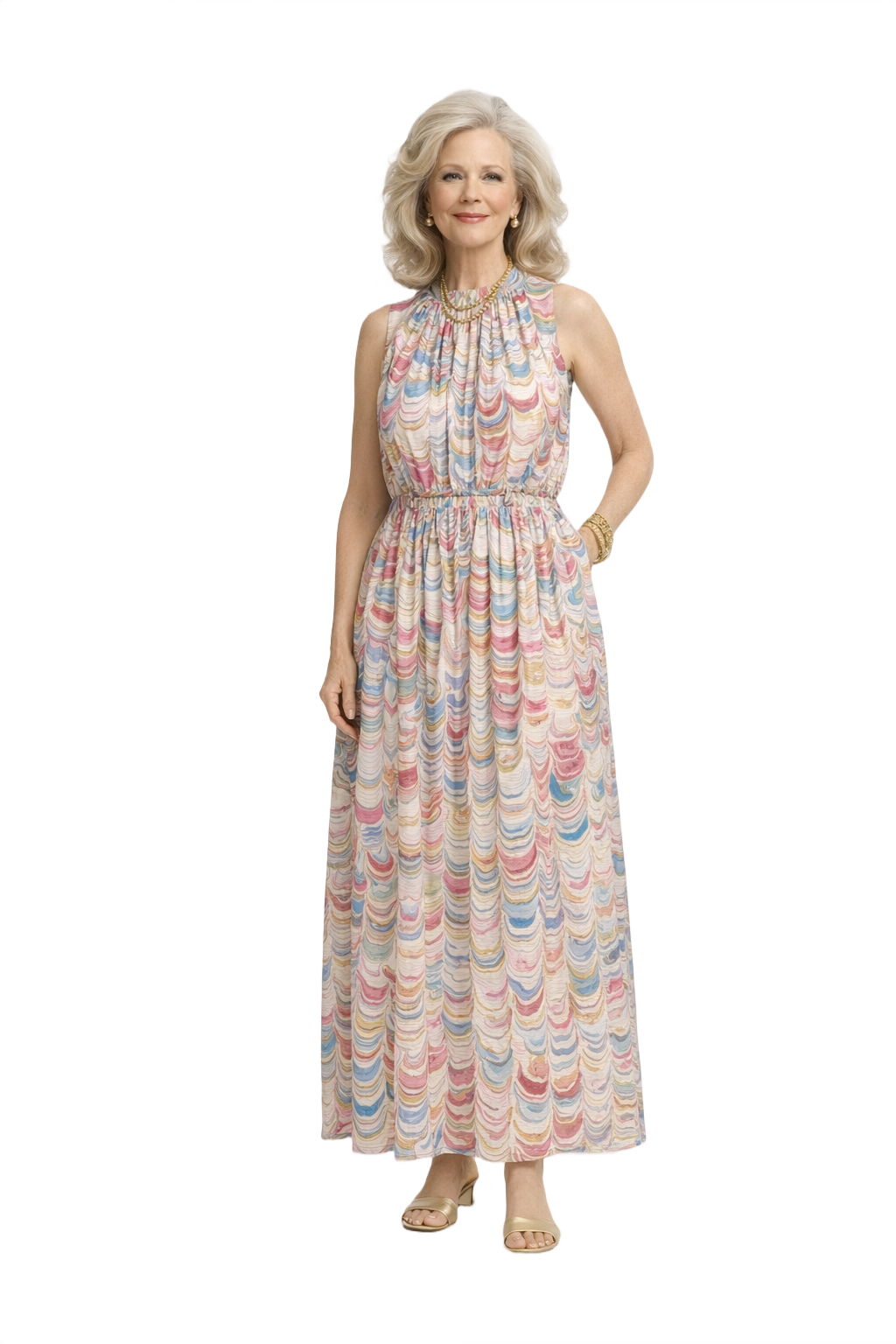 1970s Pink Polyester Maxi Dress - Model