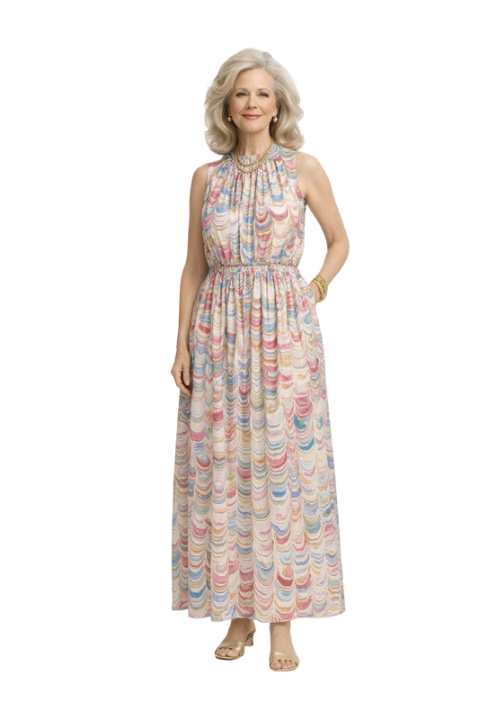 1970s Pink Polyester Maxi Dress - Model