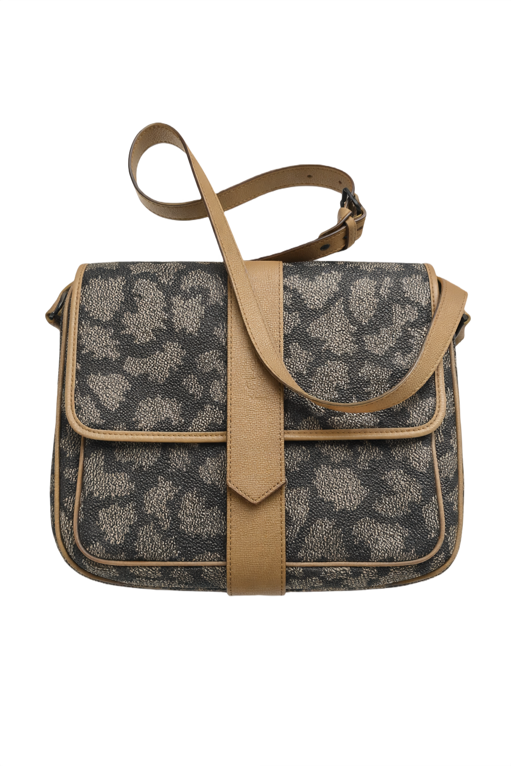 1980s Beige and Dark Grey Leather and Fabric Bag - Front View