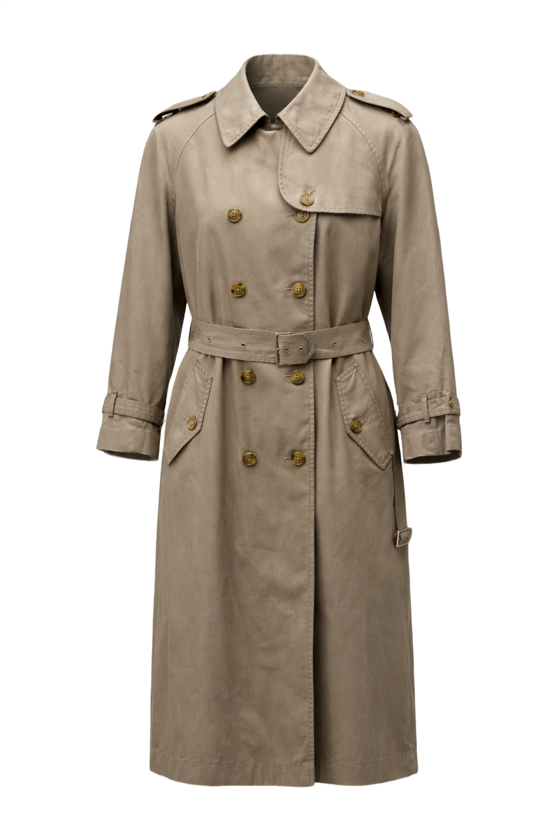 1980s Khaki Cotton Gabardine Trench Coat - Front View