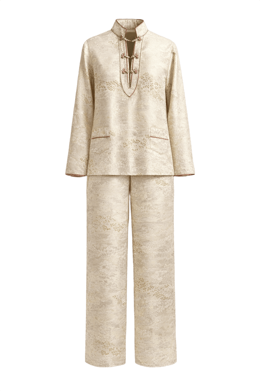 1970s Cream Brocade 2-Piece Set - Front View