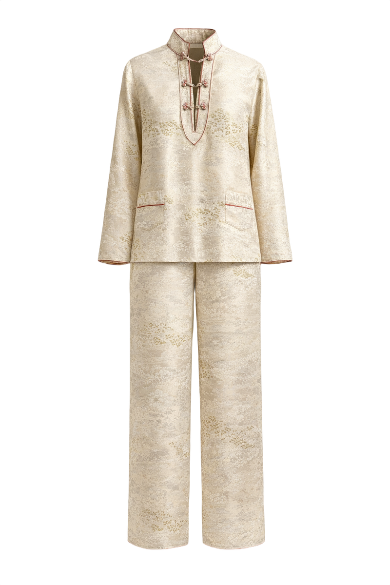 1970s Cream Brocade 2-Piece Set - Front View