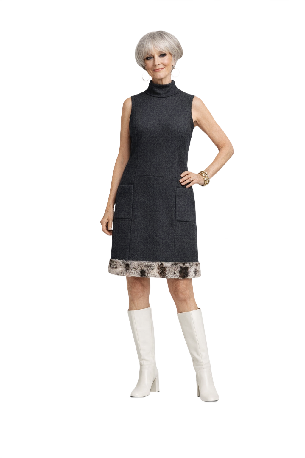 1960s Charcoal Grey Wool Blend Shift Dress - Model