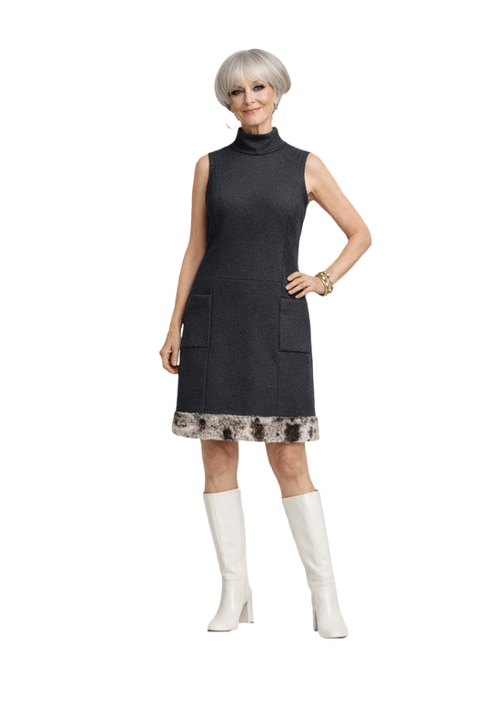 1960s Charcoal Grey Wool Blend Shift Dress - Model