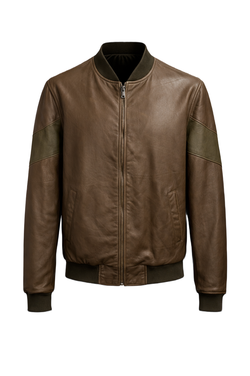 1970s Brown Leather Bomber Jacket - Front View