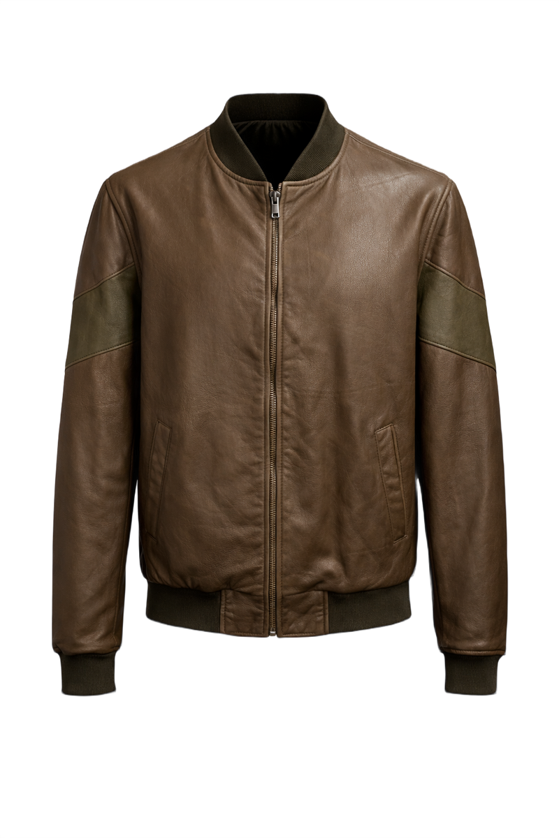 1970s Brown Leather Bomber Jacket - Front View