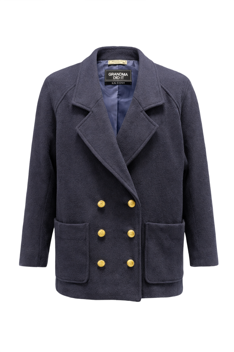 1990s Navy Blue Wool Blend Blazer - Front View