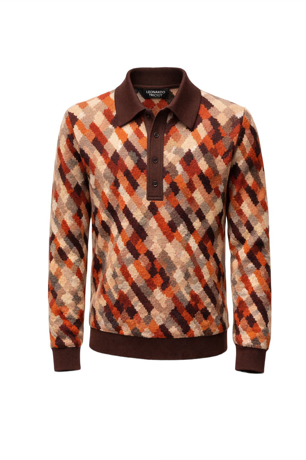 1970s Brown Knit Cotton Polo - Front View