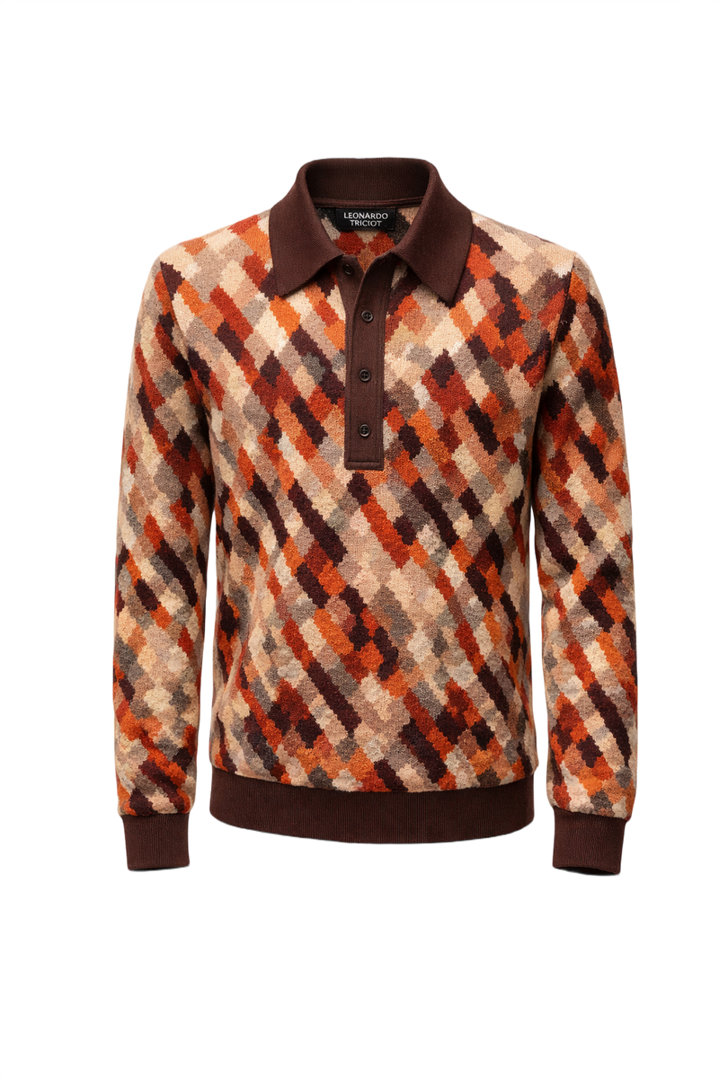 1970s Brown Knit Cotton Polo - Front View