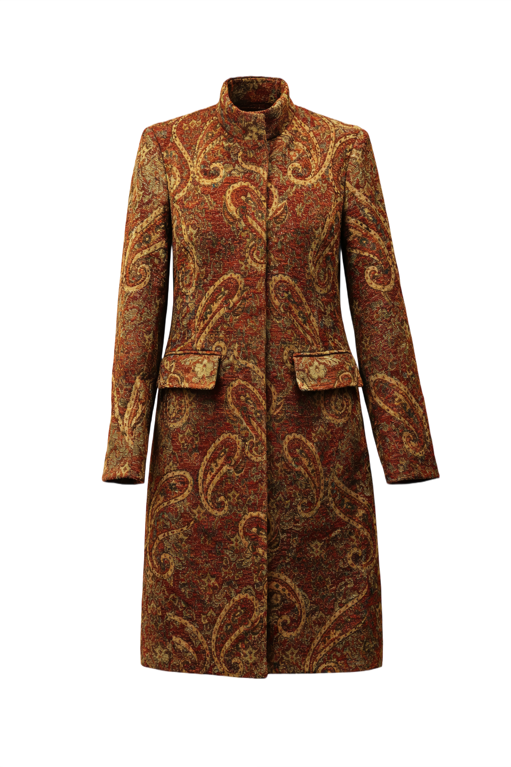 1970s Rusty Red Brocade Coat - Front View