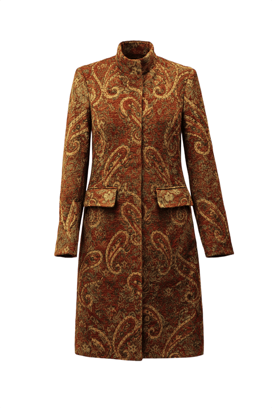 1970s Rusty Red Brocade Coat - Front View