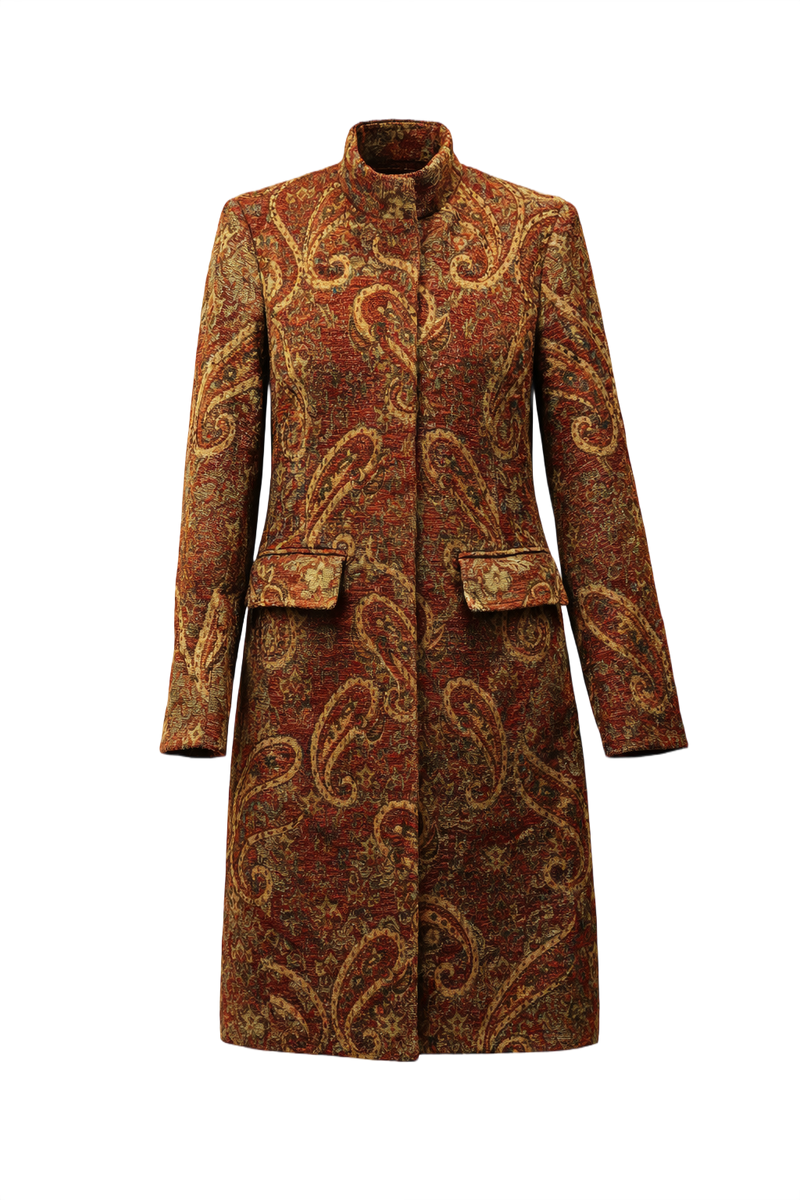1970s Rusty Red Brocade Coat - Front View