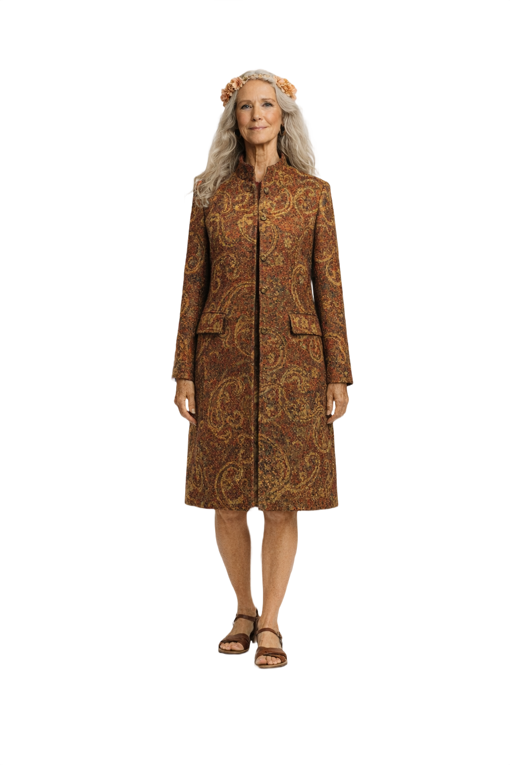 1970s Rusty Red Brocade Coat - Model