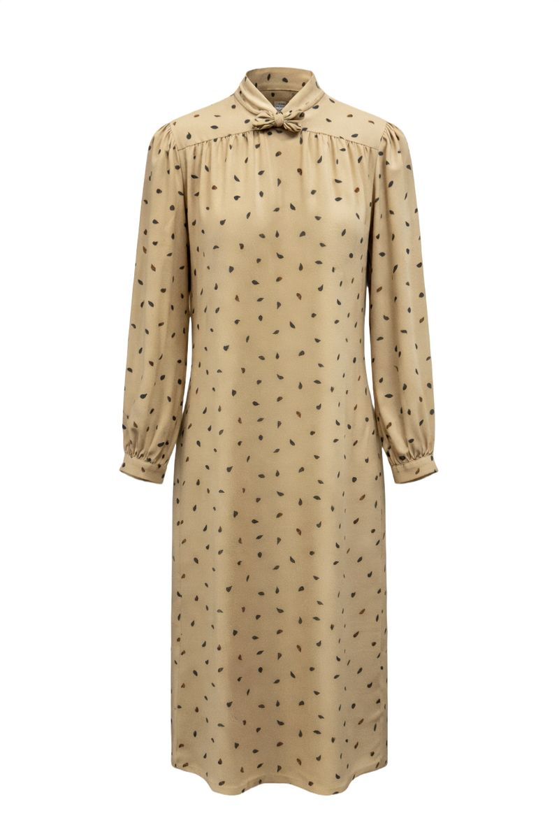 1970s Beige Silk Dress - Front View