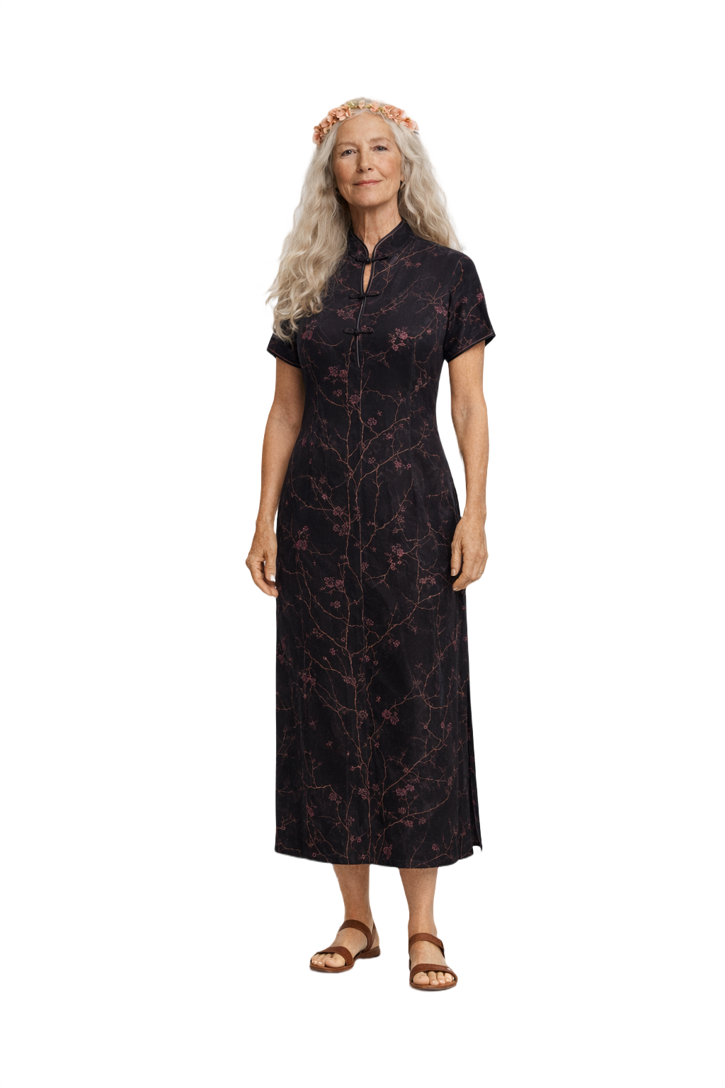 1970s Black Synthetic Blend Maxi Dress - Model