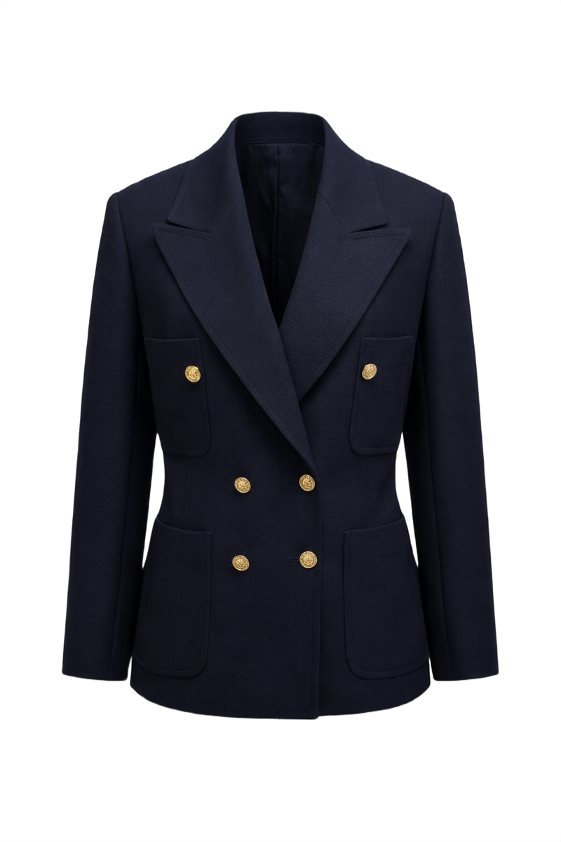 1980s Navy Blue Wool Blend Blazer - Front View