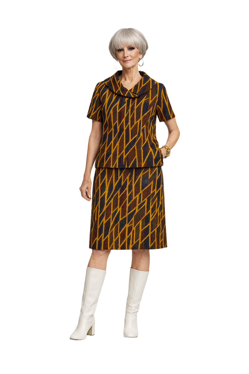 1960s Navy Blue Mustard Wool Blend Skirt Suit - Model