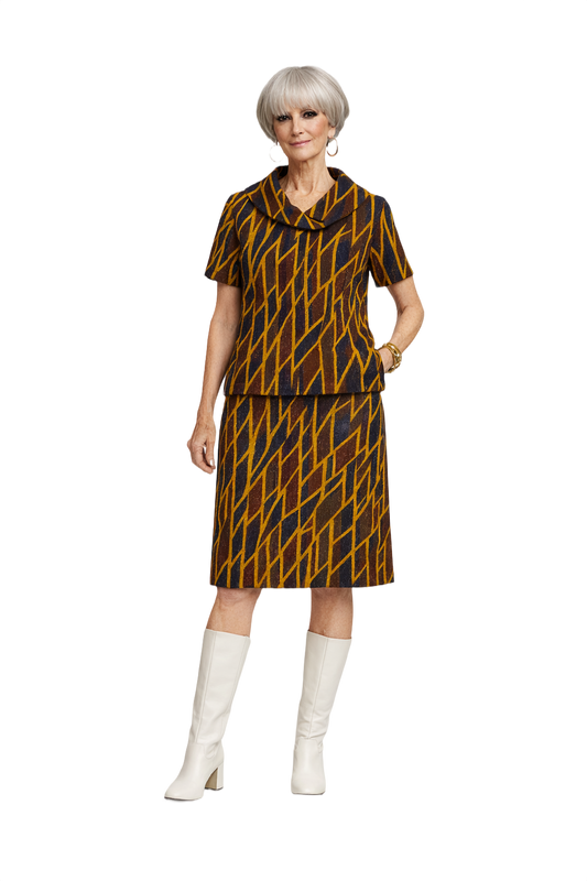 1960s Navy Blue Mustard Wool Blend Skirt Suit - Model