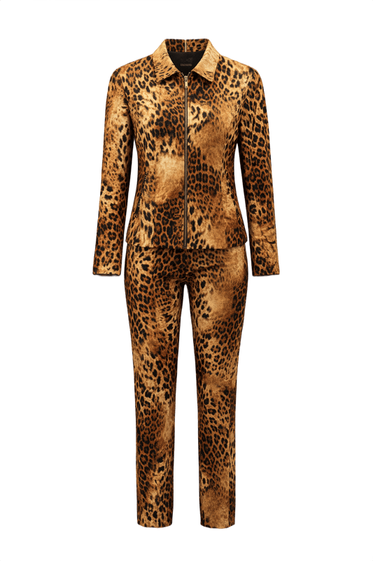 1990s Leopard Print Synthetic Blend Jacket & Pants Set - Front View